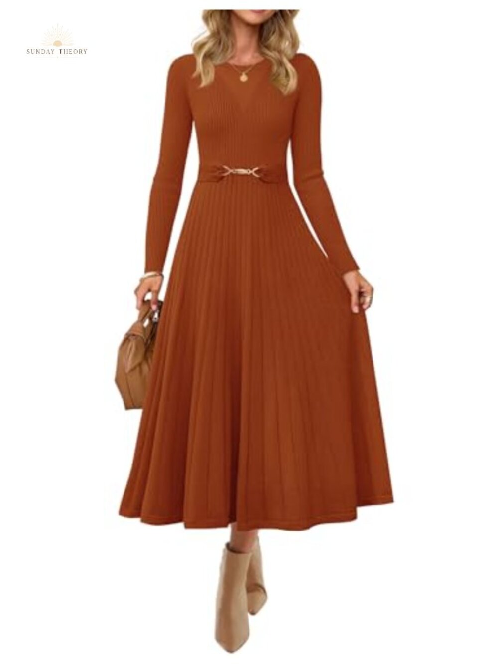 Pleated Midi Sweater Dress Long Sleeve Crew Neck Belted Knit